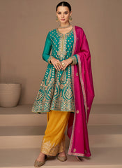 Turquoise Yellow Sequence Embroidery Anarkali Dhoti Pant Suit