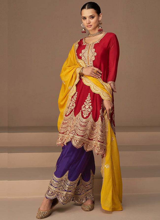 Buy Eid Dresses Red and Purple Sequence Embroidery Anarkali Dhoti Pant Suit at Hatkay Default Title