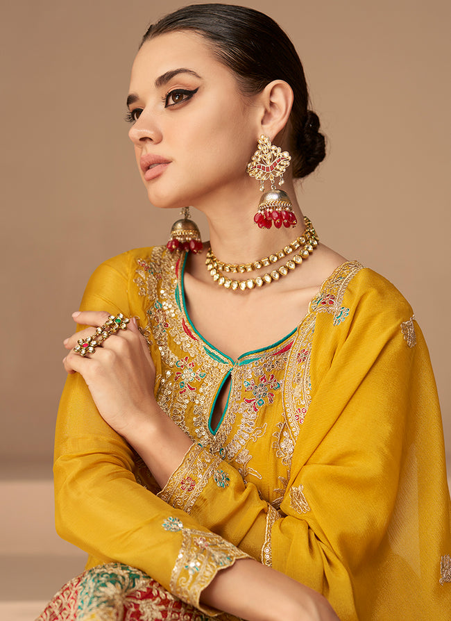 Fully Lined Dhoti Suit in Mustard Yellow Embroidered Fabric LSTV120627