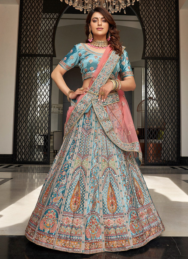 Blue and Pink Multi Embroidered Wedding Lehenga Choli