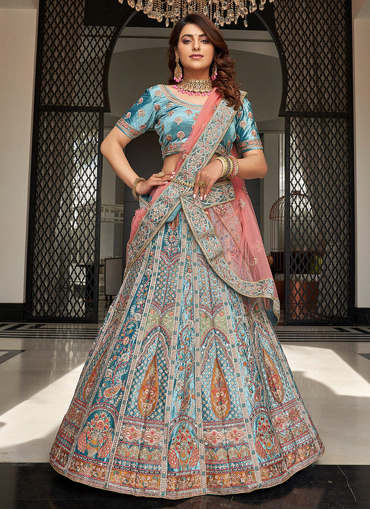 Blue and Pink Multi Embroidered Wedding Lehenga Choli