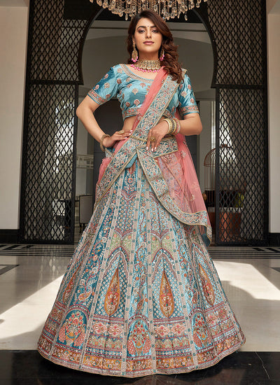 Blue and Pink Multi Embroidered Wedding Lehenga Choli
