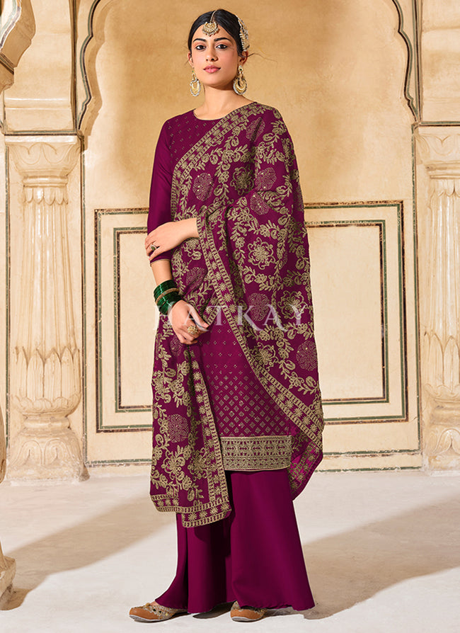 Wine Embroidered Traditional Indian Palazzo Suit