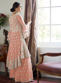 Peach Beige Multi Embroidered Designer Gharara Suit, Salwar Kameez