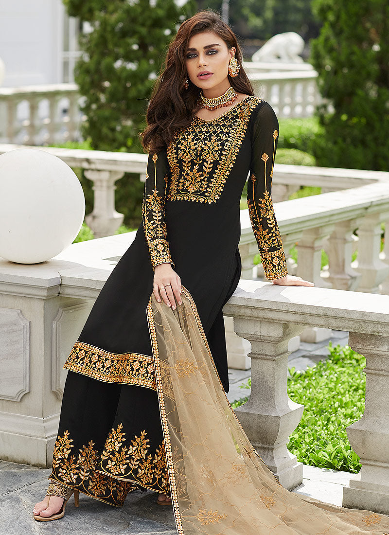 Buy Indian Black Golden Embroidered Palazzo Suit for Women Online in ...