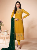 Yellow And Green Multi Embroidered Churidar Suit
