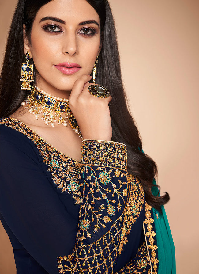 Navy Blue And Turquoise Multi Embroidered Churidar Suit