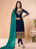 Navy Blue And Turquoise Multi Embroidered Churidar Suit