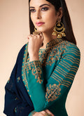 Turquoise And Blue Multi Embroidered Churidar Suit