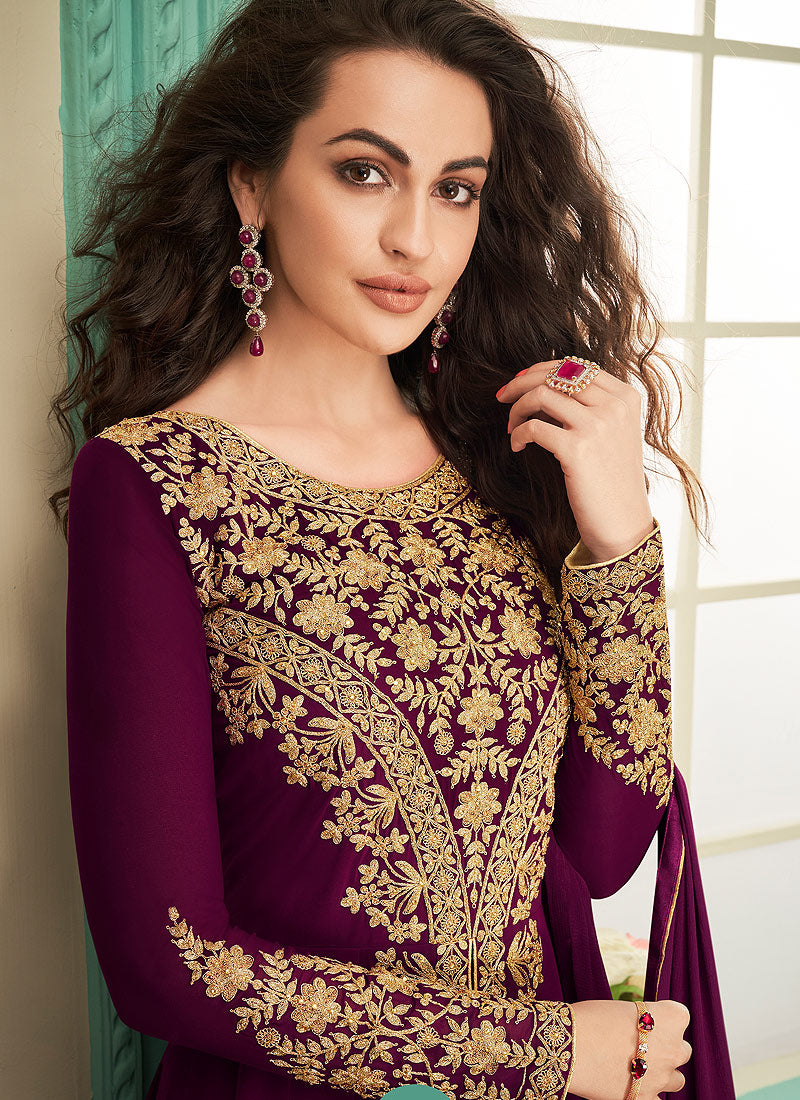 Magenta Slit Style Embroidered Anarkali Suit, Salwar Kameez