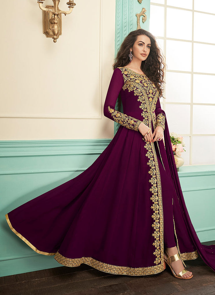 Magenta Slit Style Embroidered Anarkali Suit