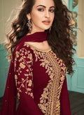 Deep Red Slit Style Embroidered Anarkali Suit, Salwar Kameez