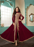 Deep Red Slit Style Embroidered Anarkali Suit