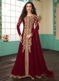 Indian Clothes - Deep Red Slit Style Embroidered Anarkali Suit
