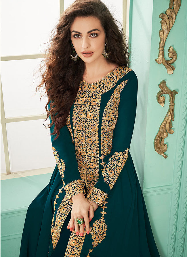 Rama Green Slit Style Embroidered Anarkali Suit, Salwar Kameez