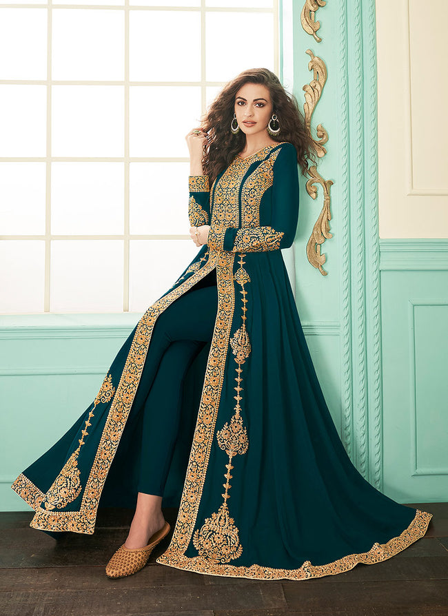 Rama Green Slit Style Embroidered Anarkali Suit