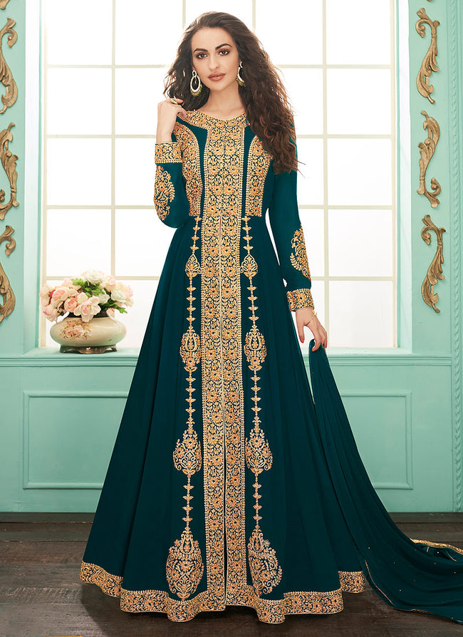 Rama Green and Navy Blue Silk Gown with Net Dupatta | Printed gowns, Indian  gown design, Gowns