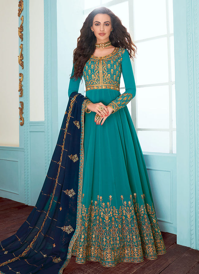 Turquoise And Blue Embroidered Designer Anarkali Suit