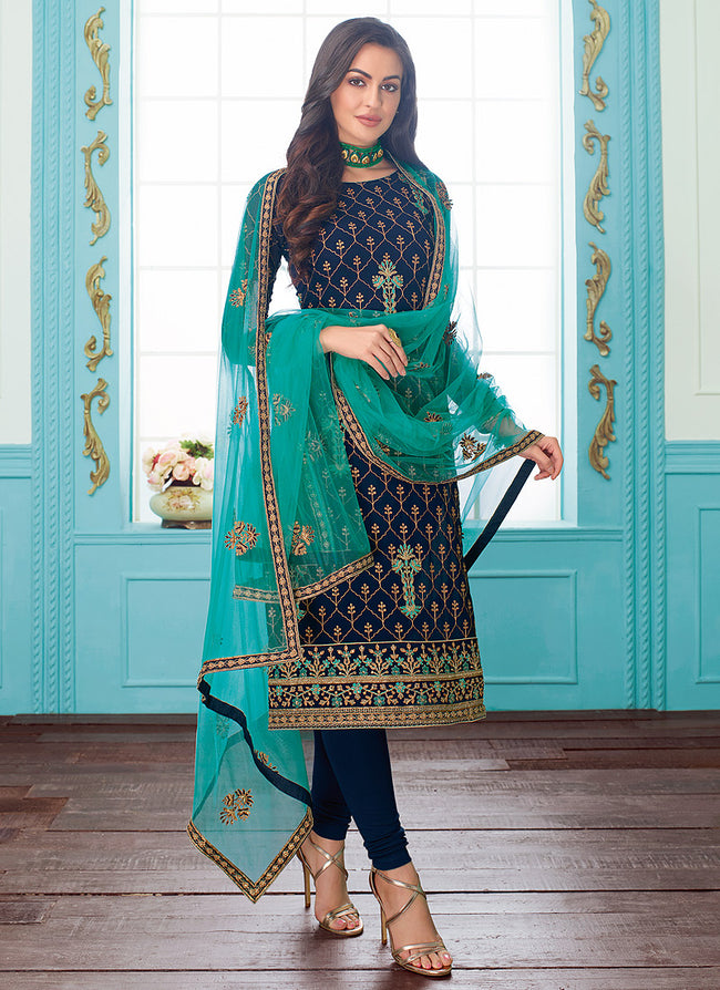 Blue And Turquoise Embroidered Indian Churidar Suit