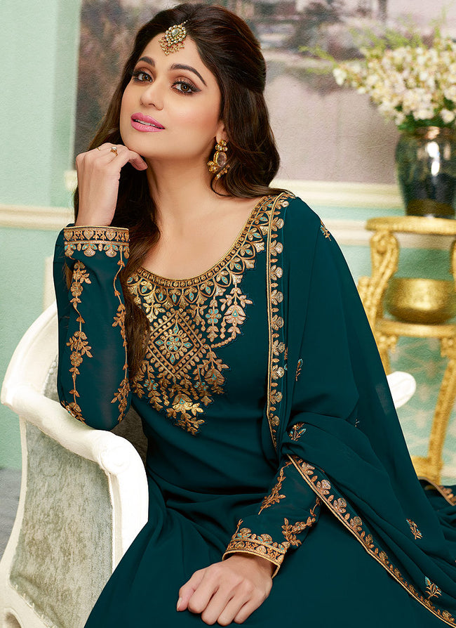 Rama Green Golden Embroidered Sharara Style Suit, Salwar Kameez