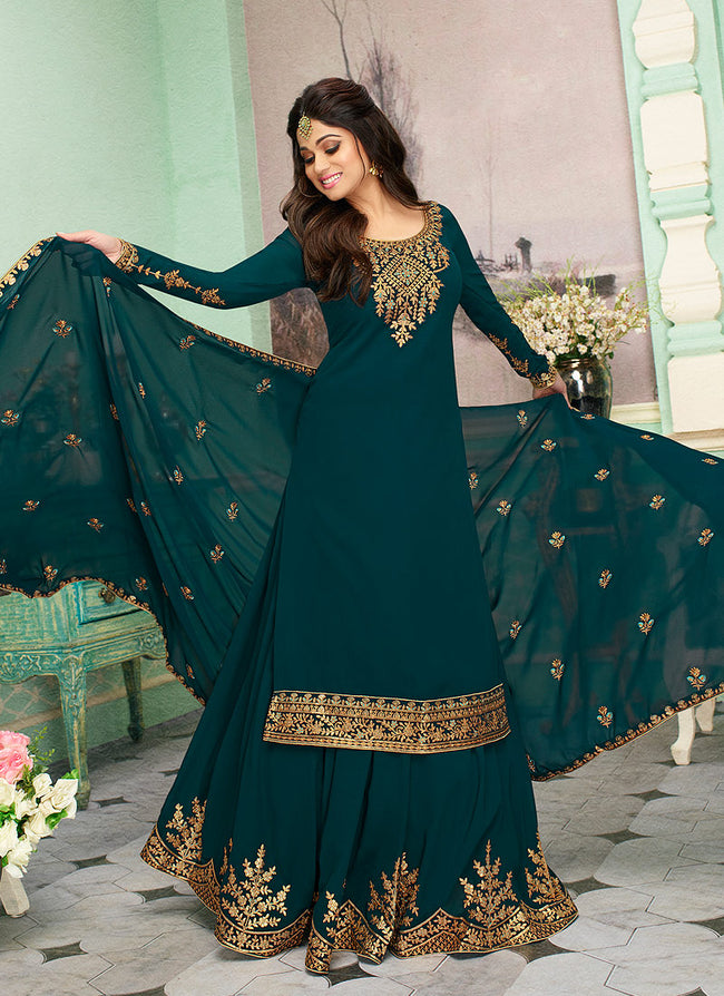 Buy Gown - Georgette Rama Green Embroidered Designer Wedding Gown – Empress  Clothing