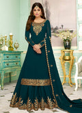 Indian Clothes - Rama Green Golden Embroidered Sharara Style Suit