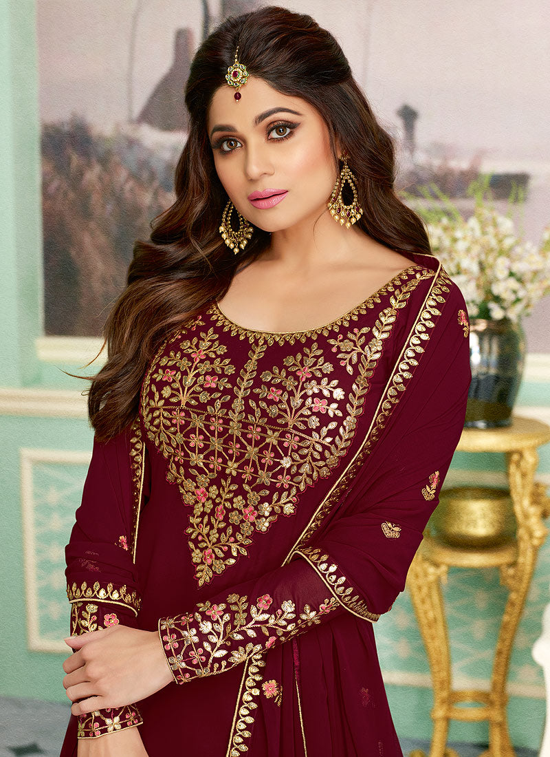Maroon Golden Embroidered Sharara Style Suit, Salwar Kameez