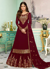 Indian Clothes - Maroon Golden Embroidered Sharara Style Suit