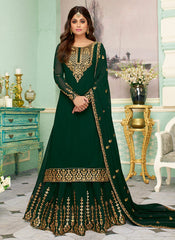Indian Clothes - Dark Green Embroidered Sharara Style Suit