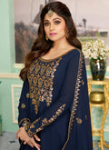 Navy Blue Golden Embroidered Sharara Style Suit