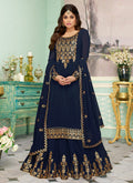 Indian Clothes - Navy Blue Golden Embroidered Sharara Style Suit