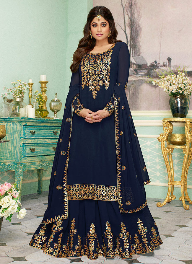 Indian Clothes - Navy Blue Golden Embroidered Sharara Style Suit