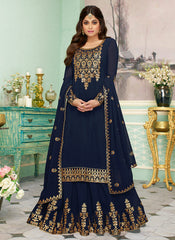 Indian Clothes - Navy Blue Golden Embroidered Sharara Style Suit