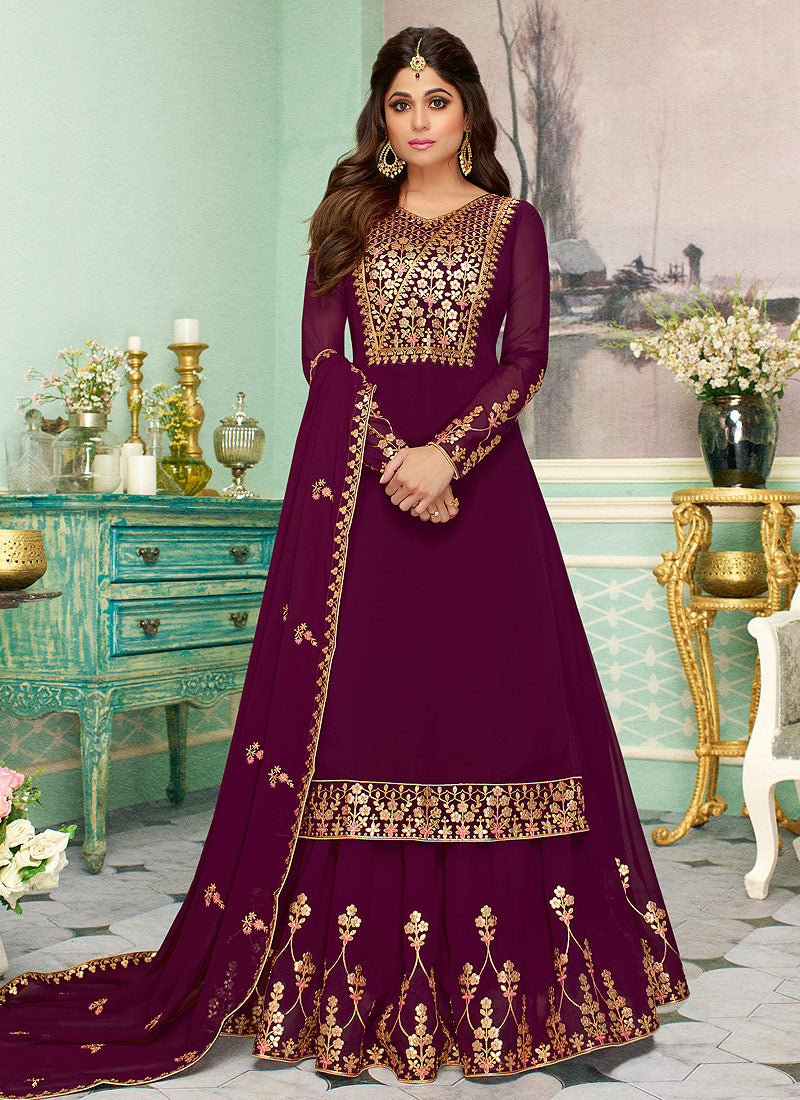 Indian Clothes - Magenta Golden Embroidered Sharara Style Suit