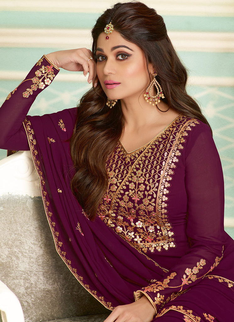 Magenta Golden Embroidered Sharara Style Suit, Salwar Kameez