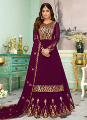 Indian Clothes - Magenta Golden Embroidered Sharara Style Suit