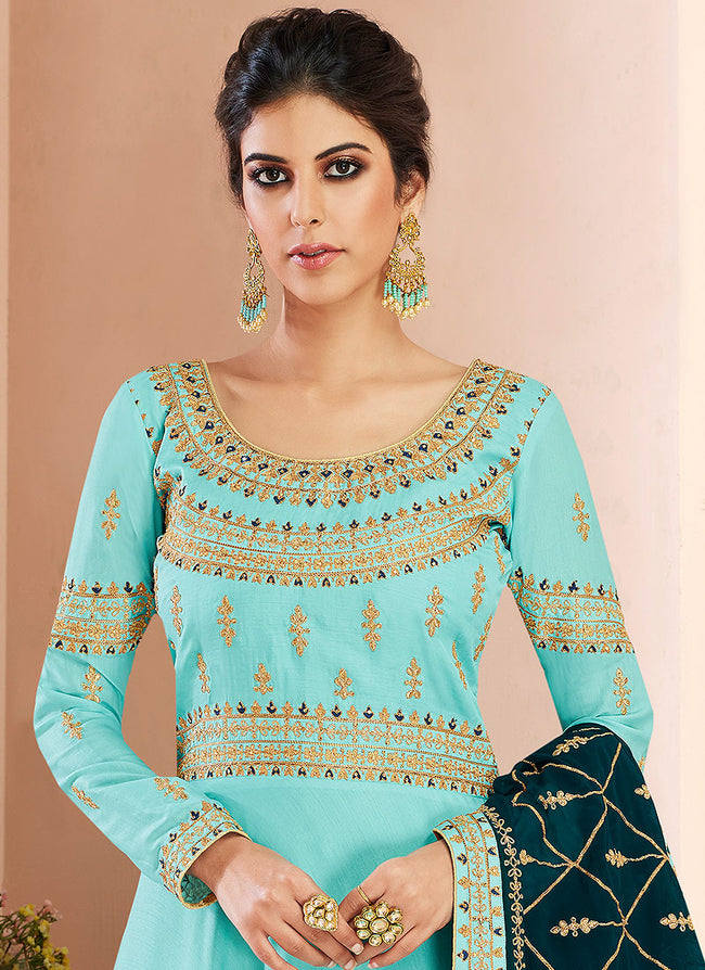 Blue And Green Traditional Anarkali Suit, Salwar Kameez