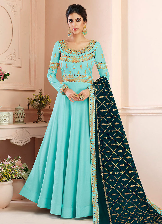 Indian Clothes - Blue And Green Traditional Anarkali Suit