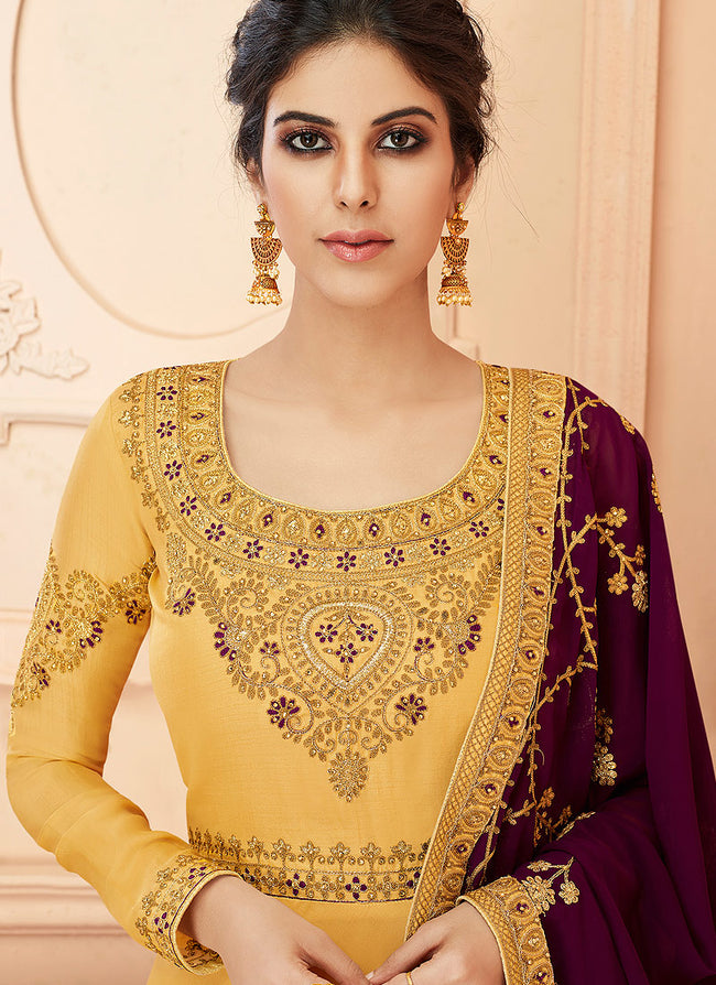 Yellow And Maroon Traditional Anarkali Suit, Salwar Kameez