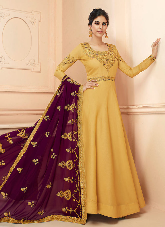 Indian Clothes - Yellow And Maroon Traditional Anarkali Suit