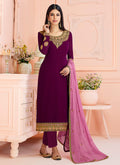 Indian Clothes - Plum And Pink Traditional Embroidered Pant Style Suit