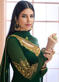 Green Overall Traditional Embroidered Pant Style Suit, Salwar Kameez