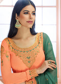 Peach And Green Traditional Embroidered Pant Style Suit, Salwar Kameez