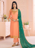 Indian Clothes - Peach And Green Traditional Embroidered Pant Style Suit