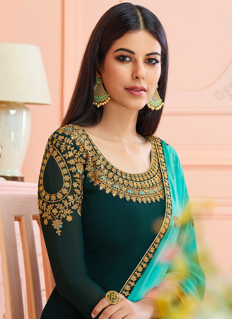 Green And Blue Traditional Embroidered Pant Style Suit, Salwar Kameez