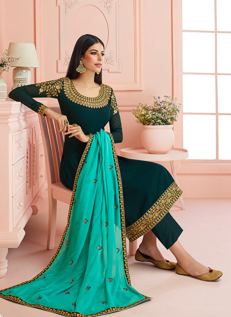 Green And Blue Traditional Embroidered Pant Style Suit