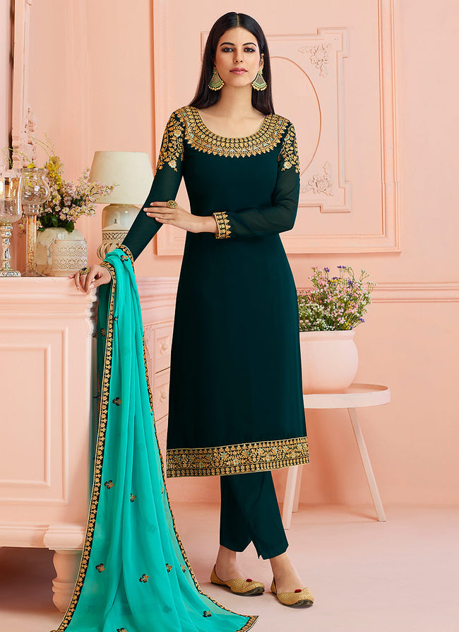 Indian Clothes - Green And Blue Traditional Embroidered Pant Style Suit