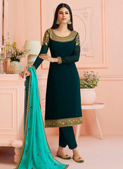 Indian Clothes - Green And Blue Traditional Embroidered Pant Style Suit