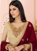 Beige And Red Traditional Embroidered Pant Style Suit, Salwar Kameez