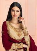 Beige And Red Traditional Embroidered Pant Style Suit